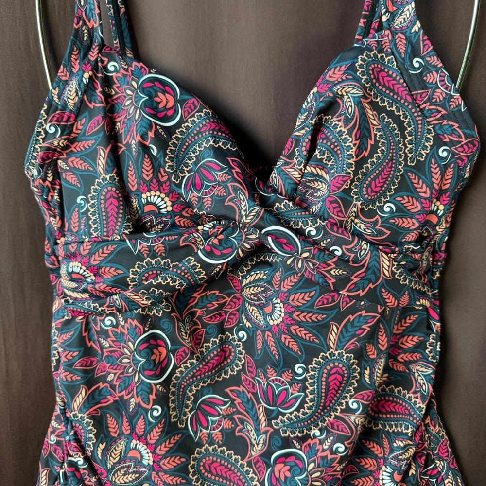 Lands' End Women's 2 V-Neck Wrap Underwire Tankini Swimsuit Top Paisley Floral P